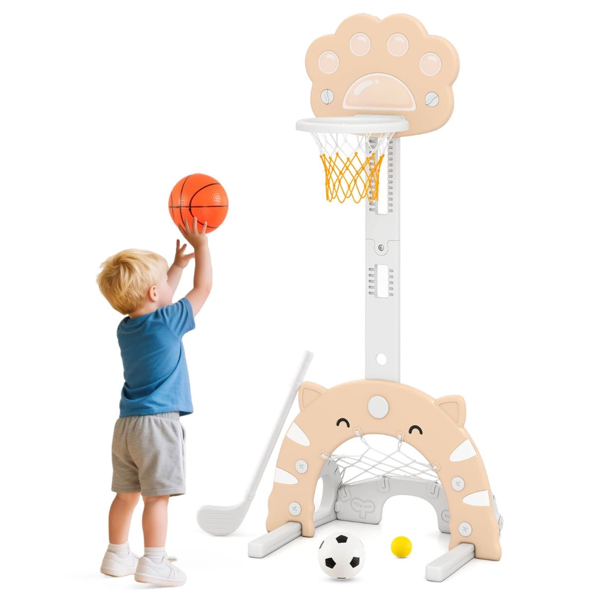 CostwayPanier de Basketball 3 en 1 pour Enfants Centre de Sports pour Tout-Petit avec Basketball Football & Golf Hauteur Ajustable Gris